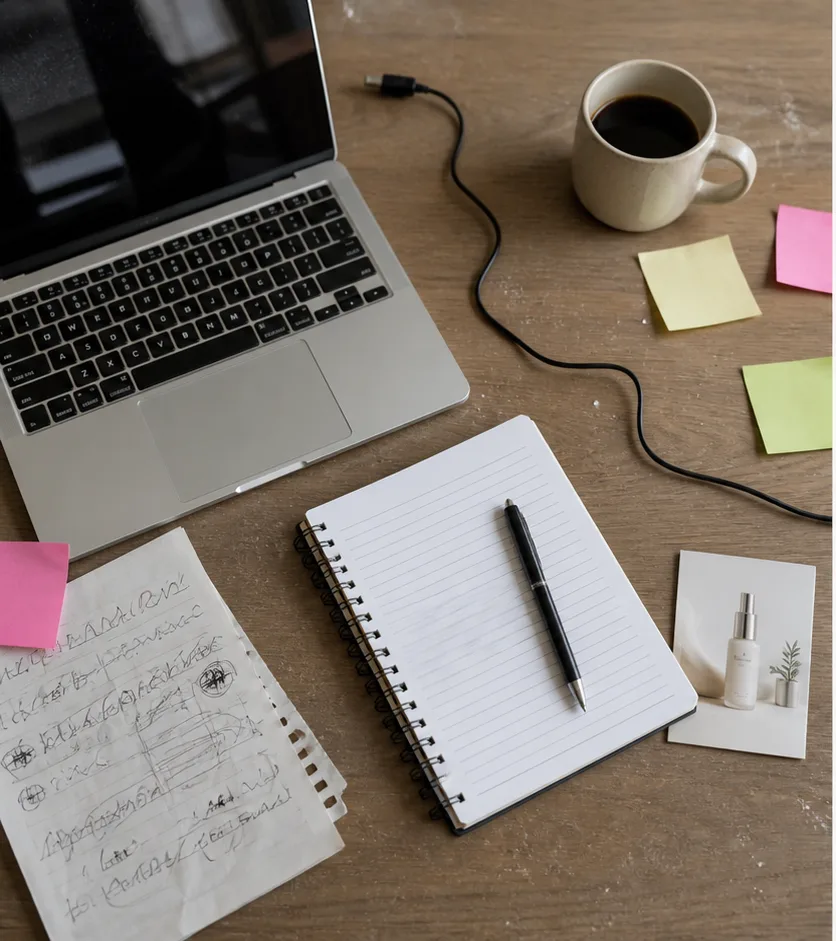 desk photo before and after removing text notes and clutter before