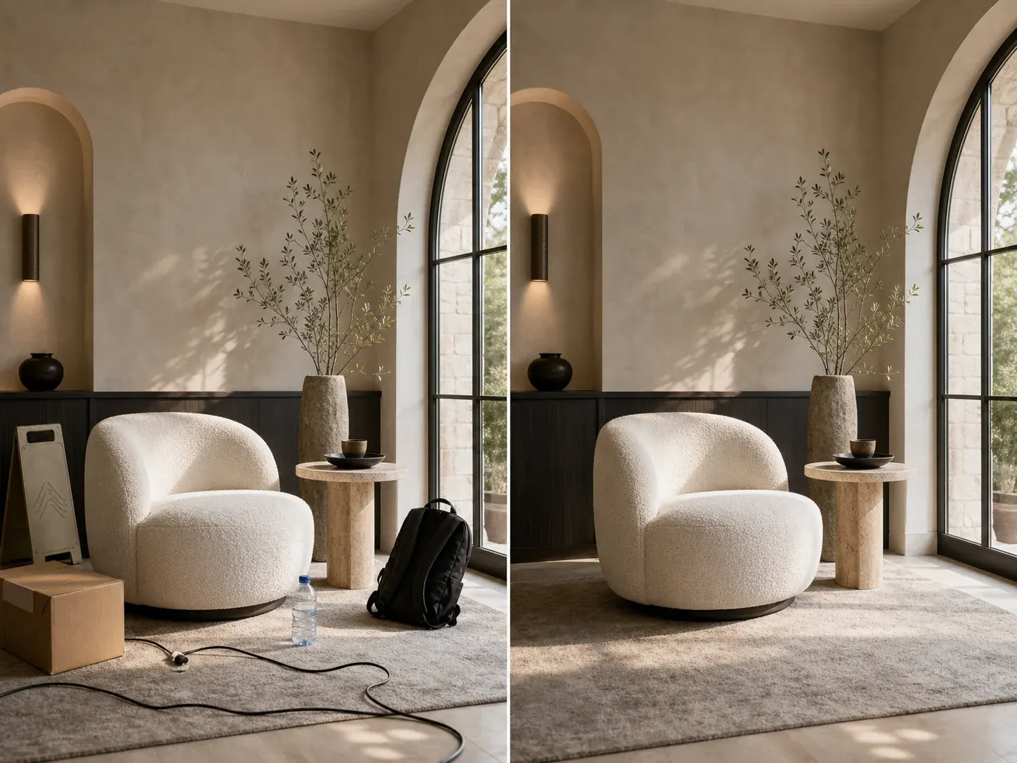 AI object cleanup for a luxury lounge interior before and after